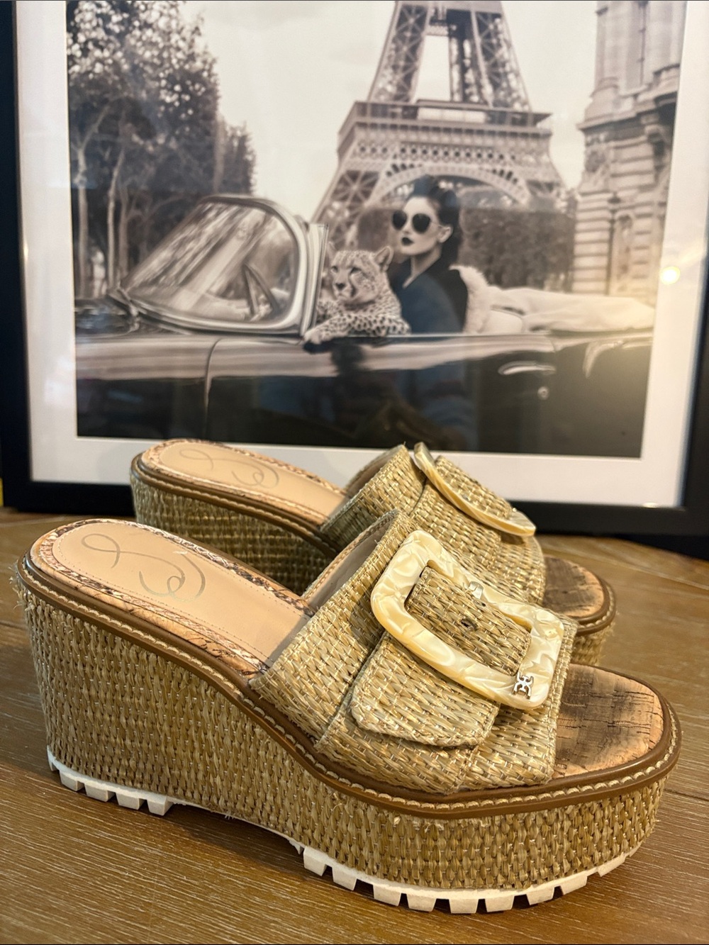 Sam Edelman Natural Raffia Wedge Slide with Ivory Buckle